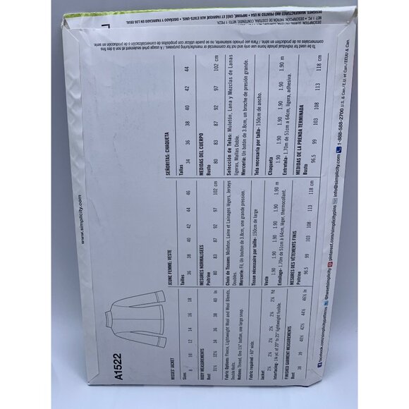 Simplicity Misses Jacket Sewing Pattern sz 8-18 A1522 - uncut - Picture 2 of 2